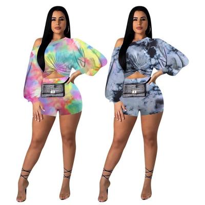 China JOFZ-1018 Summer Breathable Casual Lantern Set Short 2 Piece Ladies Long Sleeve Colorful Tie Dye Printed Women's Two Piece Outfits for sale