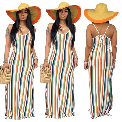 China JOFO-1044 Latest Design Anti-Static Spaghetti Strap Backless Sexy Girls Summer V Neck Striped Print Bandage Casual Dress Maxi Long for sale