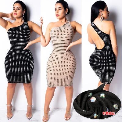 China jofz1114 Anti-wrinkle rhinestone dress one shoulder shiny backless sexy woman dress for sale