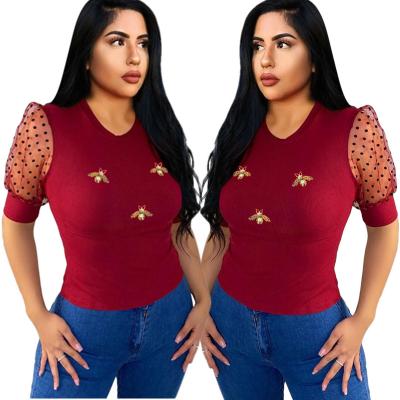 China jofz1246 New Summer Elastic Butterfly Decoration Elastic Beaded Round Neck Plus Size Women's T-shirt for sale