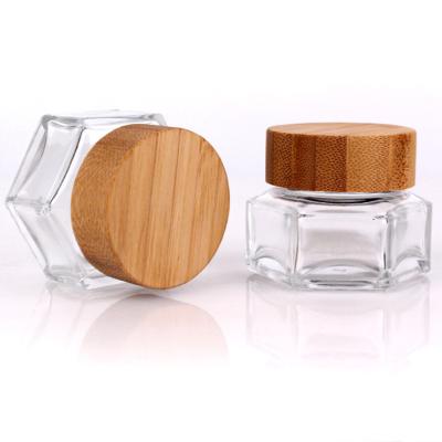 China Bamboo Case Cream Bottle Square Lip Skin Care Sexangle 30ML Glass Jar Mask Cream for sale