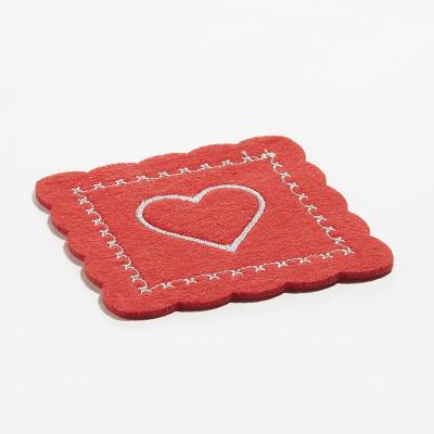 China Valentine's Day Sustainable Lovers Themed Red Square Engraved Heart Shaped Drinks Coaster for sale