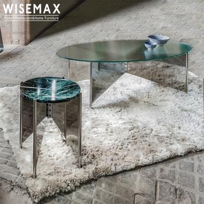 China WISEMAX FURNITURE Round Marble Metal Base Living Room Top Modern Luxury Clear Coffee Table Transparent Glass Smart Set for sale