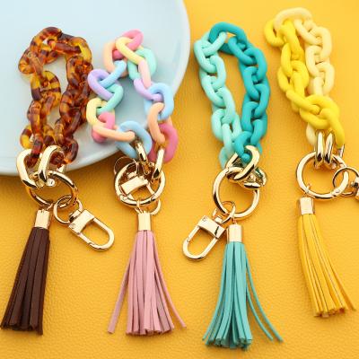 China 2022 Newest Design Key Chain PU Key Chain Tassel Colorful Acrylic Leather Bracelet Ring Girls Chain Shape Wristlet For Women for sale