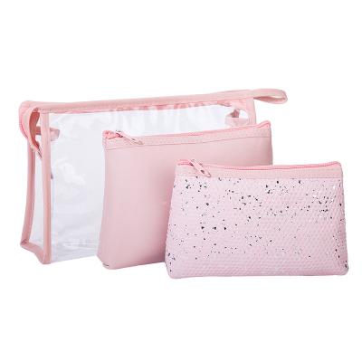 China Lady and Girls 2022 Fashion 3 Pieces PVC Make Up Bags Set Waterproof Clear Zipper Open Large Pouch Makeup Travel Makeup Bag Women's Cosmetic Bag for sale