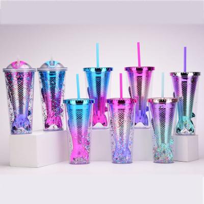 China Amazon Viable Hot Selling 350ml Plating Double Layer Tumbler Color Changing Cup Plastic Coffee Tumbler Sequin Mug Cup With Lid And Straw for sale