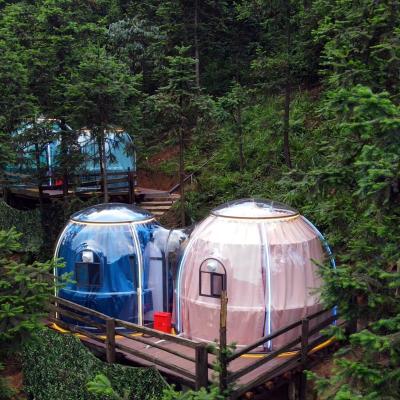 China New Design Hotel Polycarbonate Dome Tent Modular Prefab PC Bubble Double Dome House For Resort for sale