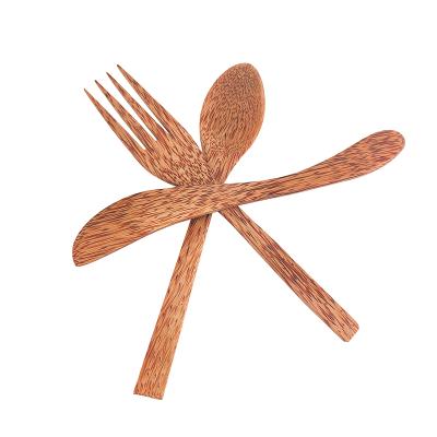 China Biologic Cutlery Best Travel Choice Wooden Set Sustainable Coconut Wooden Fork Knife Spoon for sale