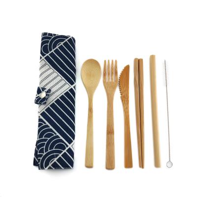 China Sustainable 7 Pieces Bamboo Cookware Set Travel Portable Reusable Pouch Set Bamboo Flatware Sets for sale