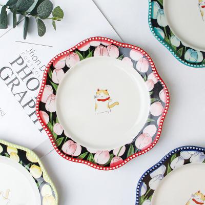 China Sustainable Korean Cute Ceramic Novelty Retro Flower Dishes Dessert Dish Dinner Plate Embossed Retro Set for sale