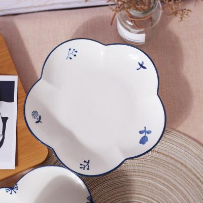 China Japanese Style Sustainable Ceramic White Dish Set Blue Rim Flower Deep Soup Dinner Plate Porcelain Dishes for sale