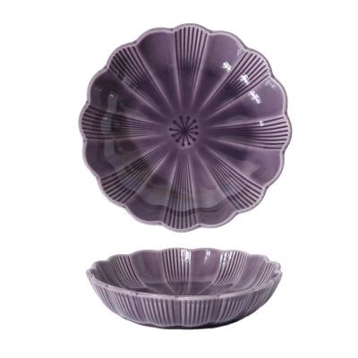 China Viable Retro Style Ceramic Soup Dish Loose Round Flower Stoneware Dish Set Restaurant Colors Dishes for sale