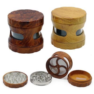 China Reusable New Product Smoke Crusher 63m Four-Layer Side Window Wood Zinc Alloy Solid Wood Smoke Grinder for sale