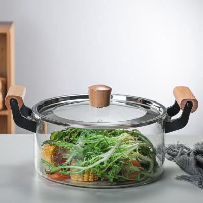 China Large Capacity High Sustainable Borosilicate Glass Cooking Pot With Wooden Handle For Soup for sale