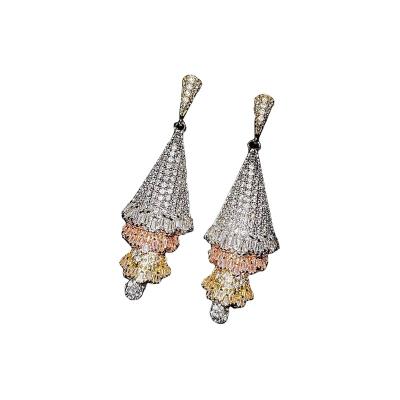 China Fashion heavy industry design luxury micro-inlaid zircon three-color plating three-dimensional geometric skirt earrings women for sale