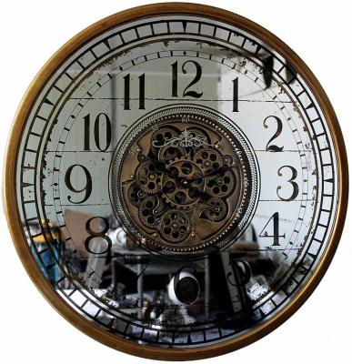 China Antique Style 80CM Large Size Round Gold Mirror Color Industrial Metal Wall Clock With Moving Teeth for sale