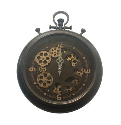 China Antique Style 40cm Pocket Metal Round Vintage Moving Gear Pattern Wall Clock For Bedroom Bar Home Decoration for sale