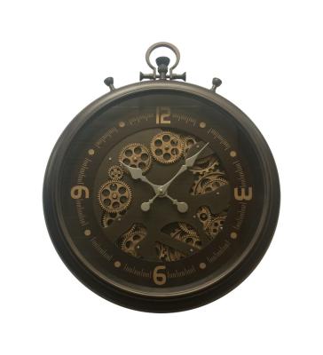 China Antique Vintage Style Round Metal Wall Clock Decor with Moving Gears and Arabic Numerals on Glass for sale