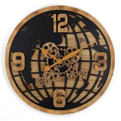 China Custom Hot Sale Antique Style World Map AROUND Wooden Wall Clocks with REAL Moving Gears for Home Office School Decoration for sale