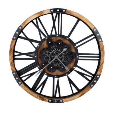 China Large Size Antique Style Rustic Round Decorative Wooden Wall Clock with Moving Gears in Wood and Metal for Home Office Decoration for sale