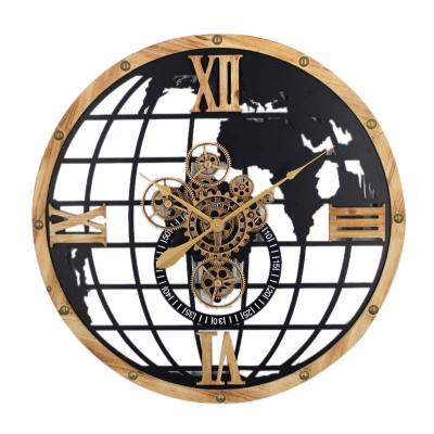 China 80CM Large Antique Style Creative Round Wooden Wall Clock With Real Moving Gears Europe Style Vintage Clock For Living Room Office Decoration for sale