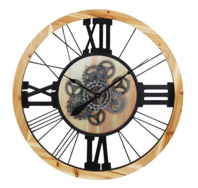 China Antique Style 31.5 Inch Round Wall Mounted Wall Clocks With Real Moving Gears In Wood And Metal Material For Home Office School Decoration for sale