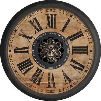 China New Arrival Antique Style Large Round Antique Wood Wall Clock With Running Gears In Vintage Design For Home Office School Decoration for sale