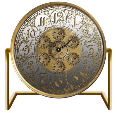 China New Arrival Style Decorative Battery Operated Desk&Table Clock In Antique Gold Color With Moving Gears And Arabic Numerals for sale