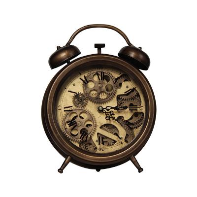 China Wholesale Antique Style Round Metal Mechanism Desk Antique Table Clock With Working Moving Gears For Sale for sale