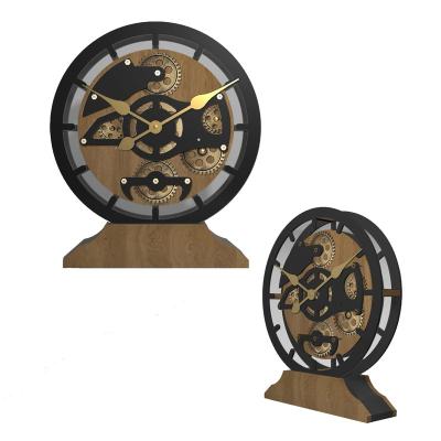 China Antique Style New Arrival Decorative Wooden Table Clock With Real Moving Gears for sale