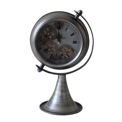 China Antique Style Wholesale rounded metal mechanical table clock with moving gears for home decor for sale