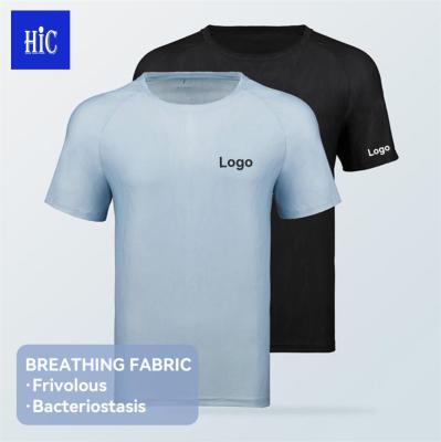 China Anti-Wrinkle HIC Wholesale High Quality Ddy-Fit Tee Shirt Fabric Bacteriostatic Ribbon Collar Sports Microporous Breathing Round T-shirt for sale