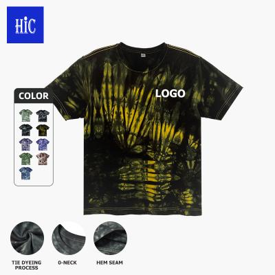 China Anti Wrinkle HIC Wholesale Plus Size 280g 100%Cotton Tie Dye T-Shirt Oversized Off The Shoulder Sleeve Tees With Customize Logo O-Neck Tops for sale