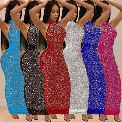 China 2022 New Women's Hot Drilling Party Anti-Static Maxi Dress Lady Pencil Halter Mesh Patchwork Backless Rhinestone BodyCon Bandage Dresses for sale