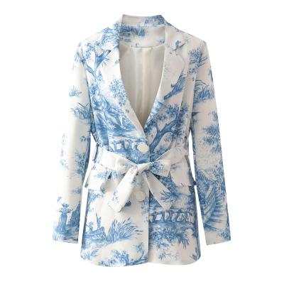 China 2021 Insti Style Anti-Shrinkage Style Hot Selling Women's Jacket Lapel Belt Blue And White Women'S Streetwear Coat Porcelain Print Long Sleeve Suit for sale