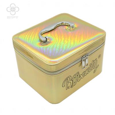 China Professional Leather Box Hard Gold Color Vanity Case Custom Travel Makeup PU Makeup Cosmetic Case Bag for sale