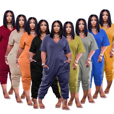 China Plus Size Breathable Overalls Spring New 2021 Summer Large Size One Piece Sets V-Neck Jumpsuits Short Sleeves Pants Rompers for sale