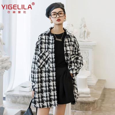 China 2021 Anti-wrinkle Women's Spring and Autumn Coat Black and White Plaid Vintage Casual Stylish Mesh Tweed Overcoat for sale