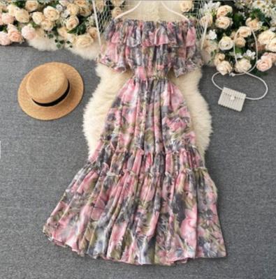 China New Arrivals Summer Viable Women Fashion Dress Off Shoulder Floral Print Chiffon Maxi Dresses for sale