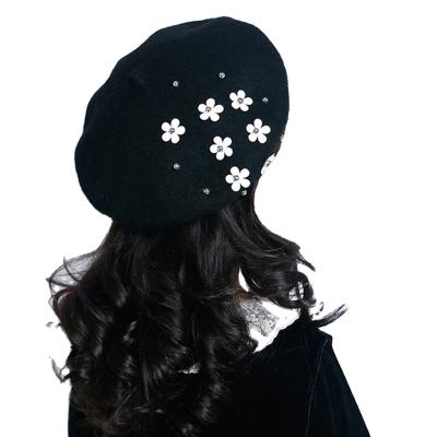 China Fashion Artist Winter Beanie Vintage Flower Elegant 100% Military Wool Knit Women Kids French Beret Hats For Girls For Kids for sale