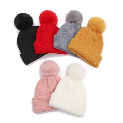 China COMMON Autumn And Winter Children'S Rabbit Fur Wool Curved Brim Solid Color Warm Knitted Hat Knit Hat Winter Beanie Hat With Pom P for sale