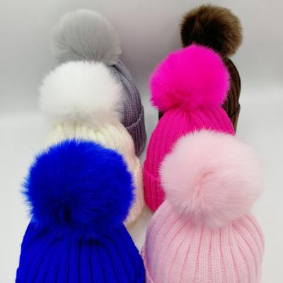 China COMMON Beanie Cable Baby Winter Acrylic Cashmere Kids Rabbit Fur Solid Color Knitted Pom Pom Hat Logo Knit Hats for Bab for sale