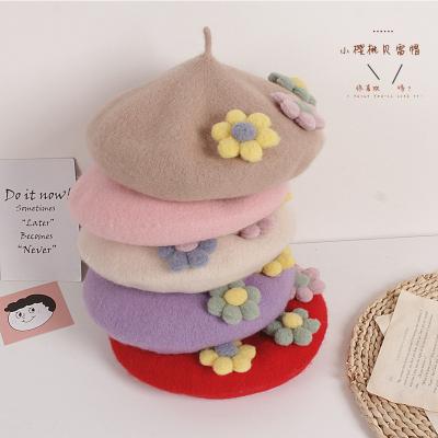 China Wholesale Saudi Arabian Cap Pink Flower Painter Ctue Artist Spring Winter Character Kid Cashmere Wool Fur Beret Soft Hat For Girl for sale