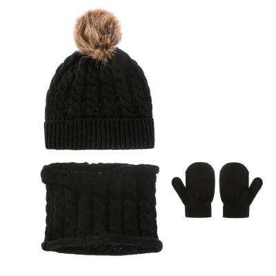 China COMMON Solid Color Bulk Warm Rhinestone Hand Cable Knit Hat Pom Pom And Scarf Gloves Set Made For Autumn Winter For Kids for sale