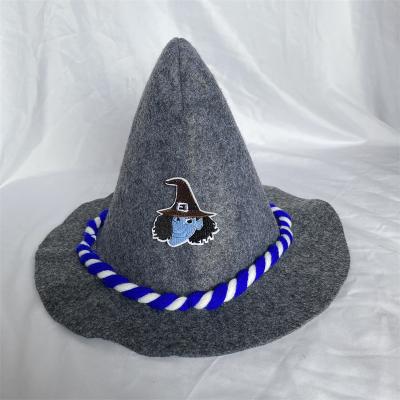 China Character felt stage hat with blue ribbon cacuminous costume party Halloween witch hat with cute pattern for sale