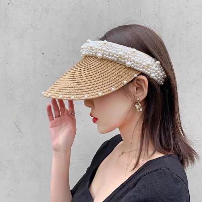 China Imitation Pearl Striped Empty Top Straw Hats For Women Summer Beach Casual Sun Visor Covers Big Wide Brim Sun Protection Outdoor Sports Hat for sale