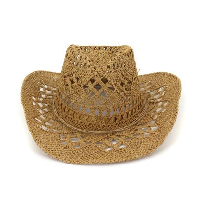 China Unisex Handmade Weave Straw Hat Unique Bohemian Hollow Dobby Off The Brim Beach Sun Wide Brim Caps For Men Western Cowgirl Hats for sale