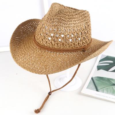 China Western Wide Fisherman Cap Summer Hats Fishing Straw Hat Beach Cap Panama Brim Sun Hat Wind Lanyard For Men Women Vintage Cowboy Dobby for sale