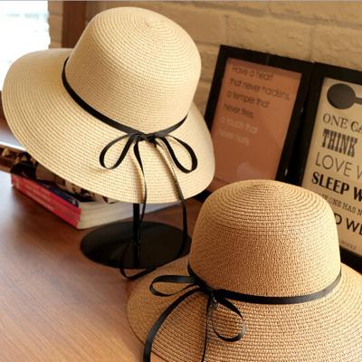 China New Summer Dobby Sun Dome Top Hats Omen Fashion Girl Straw Hat Bow Ribbon Beach Hat Straw Flat Top Panama Casual Bone Feminino for sale