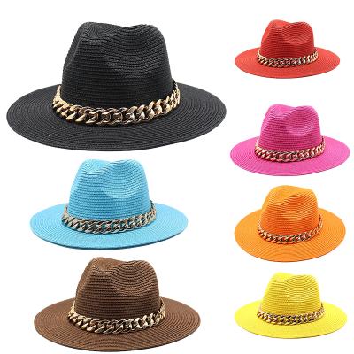 China Straw Panama Wide Brim Gold Stripe Sun Hats Men Women Summer Beach Spring Hat Khaki Black Chain Casual Hats for sale